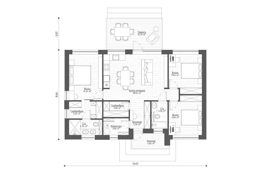 Планировочное решение 93 м²