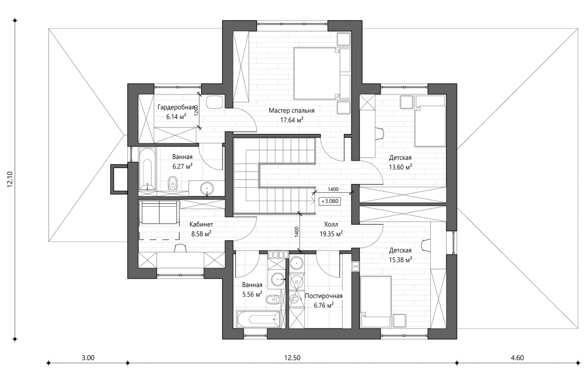 Планировочное решение 2-го этажа 222 м²