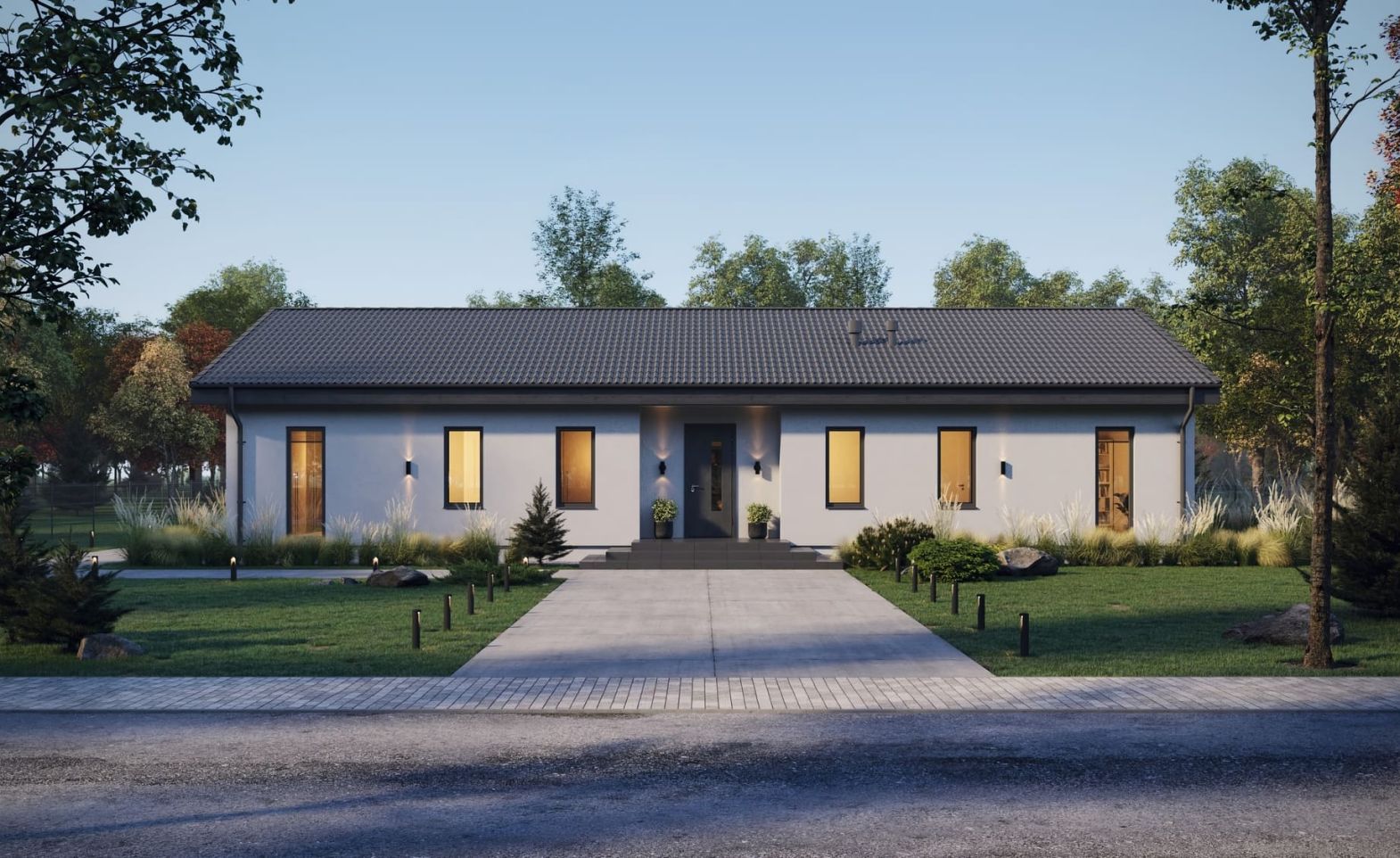 Широкий дом со скатной кровлей, в котором гостиная сердце дома 160 м²