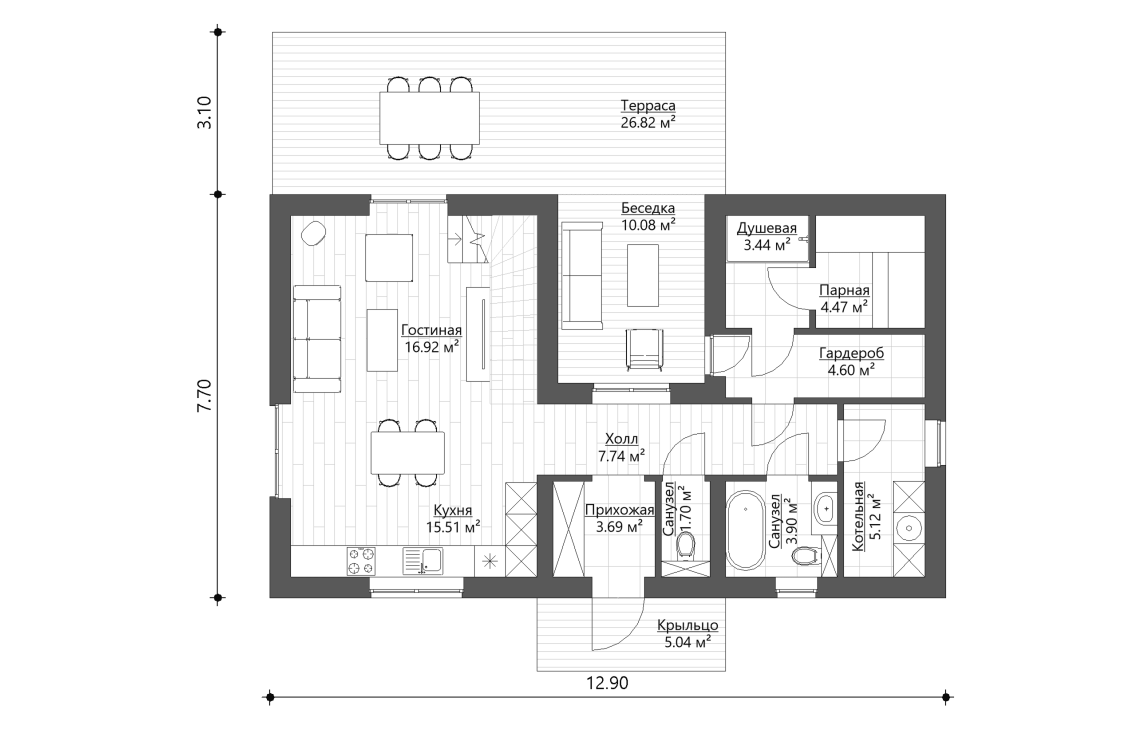 Планировочное решение 1-го этажа 119 м²