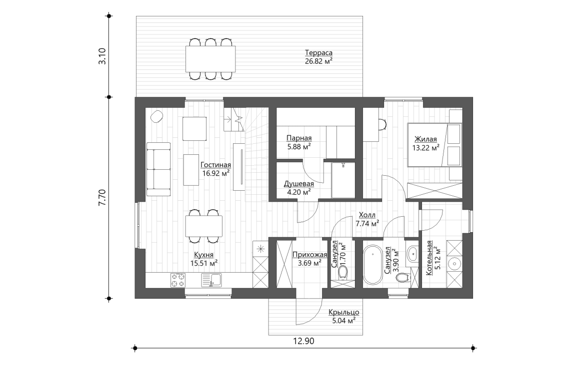 Планировочное решение 1-го этажа 142 м²