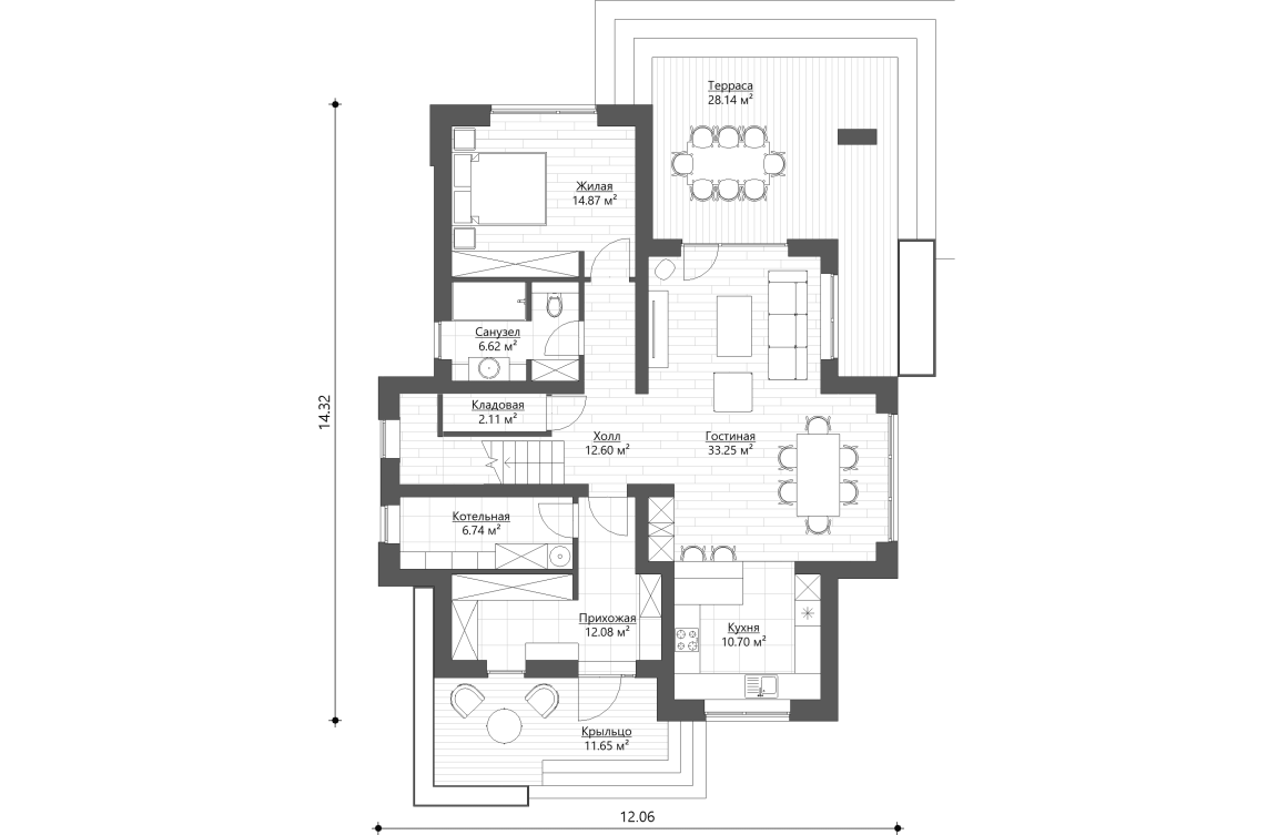 Планировочное решение 1-го этажа 180 м²