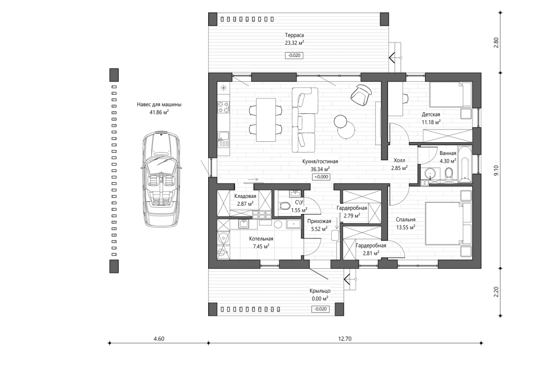 Решение с навесом 119 м²