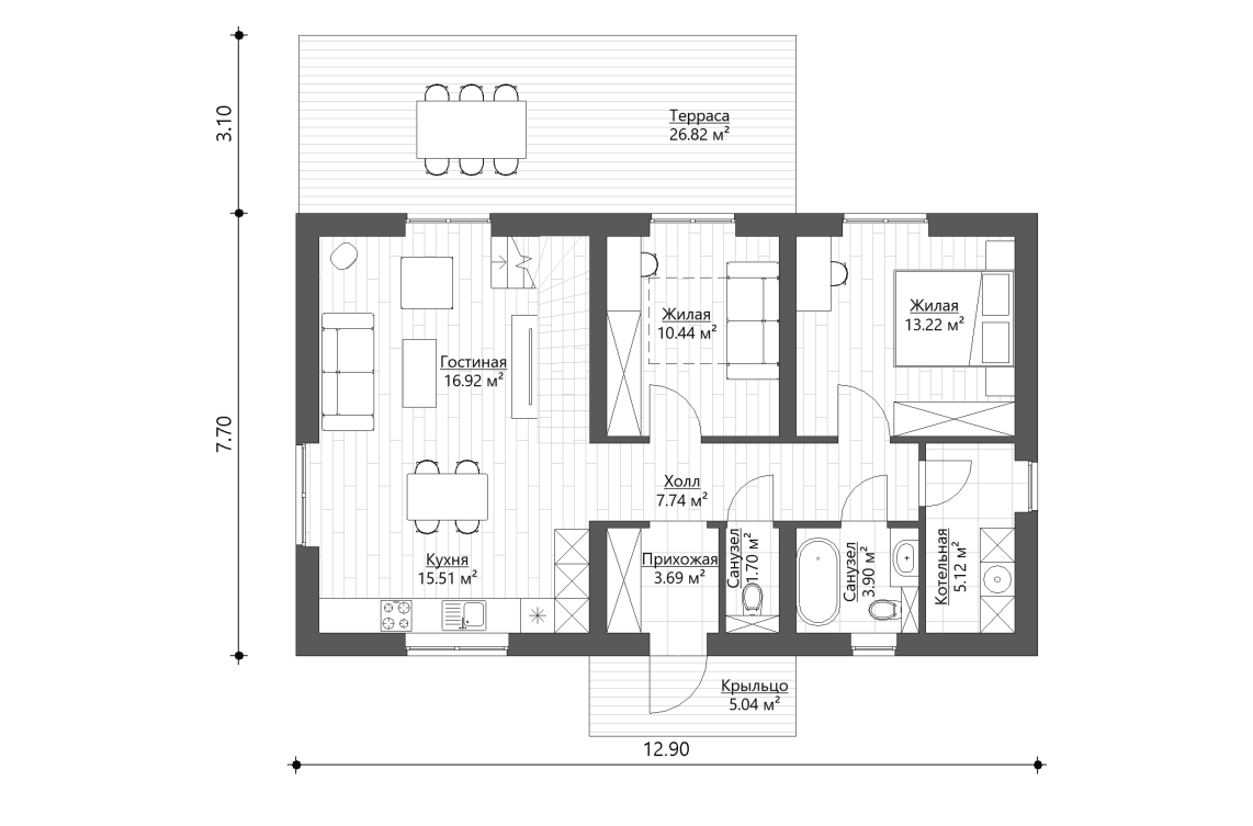 Планировочное решение 1-го этажа 141 м²