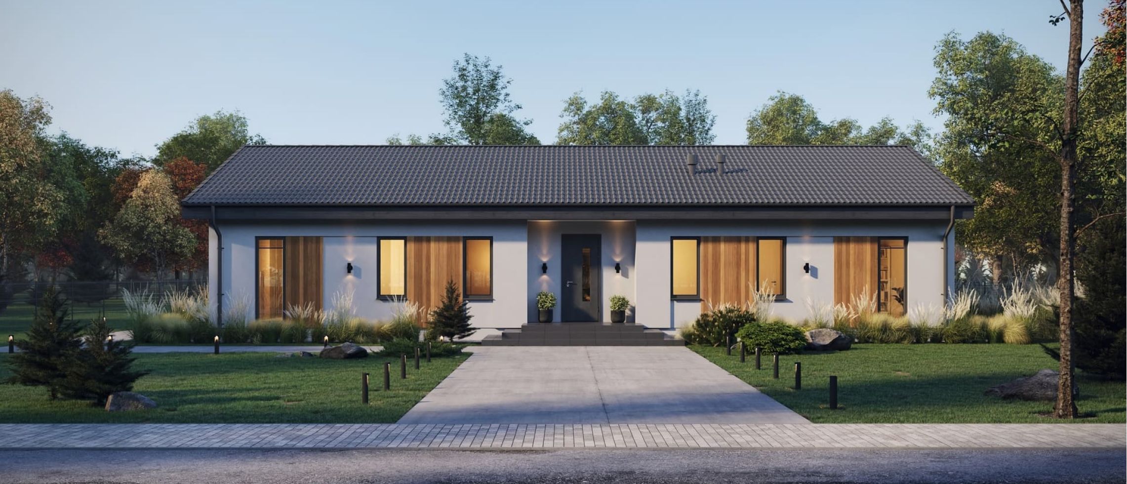Широкий дом со скатной кровлей, в котором гостиная сердце дома 140 м²