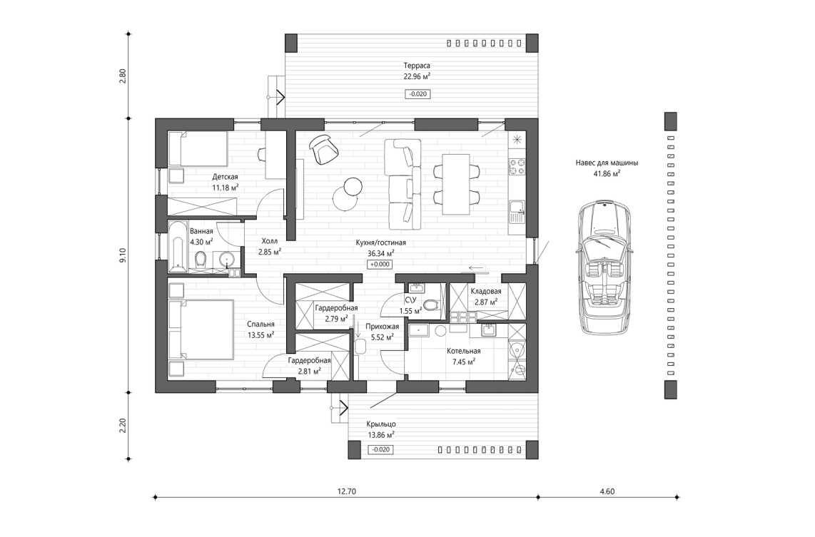 Решение с навесом 119 м²