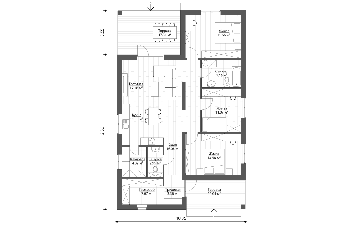 Планировочное решение 111,58 м²