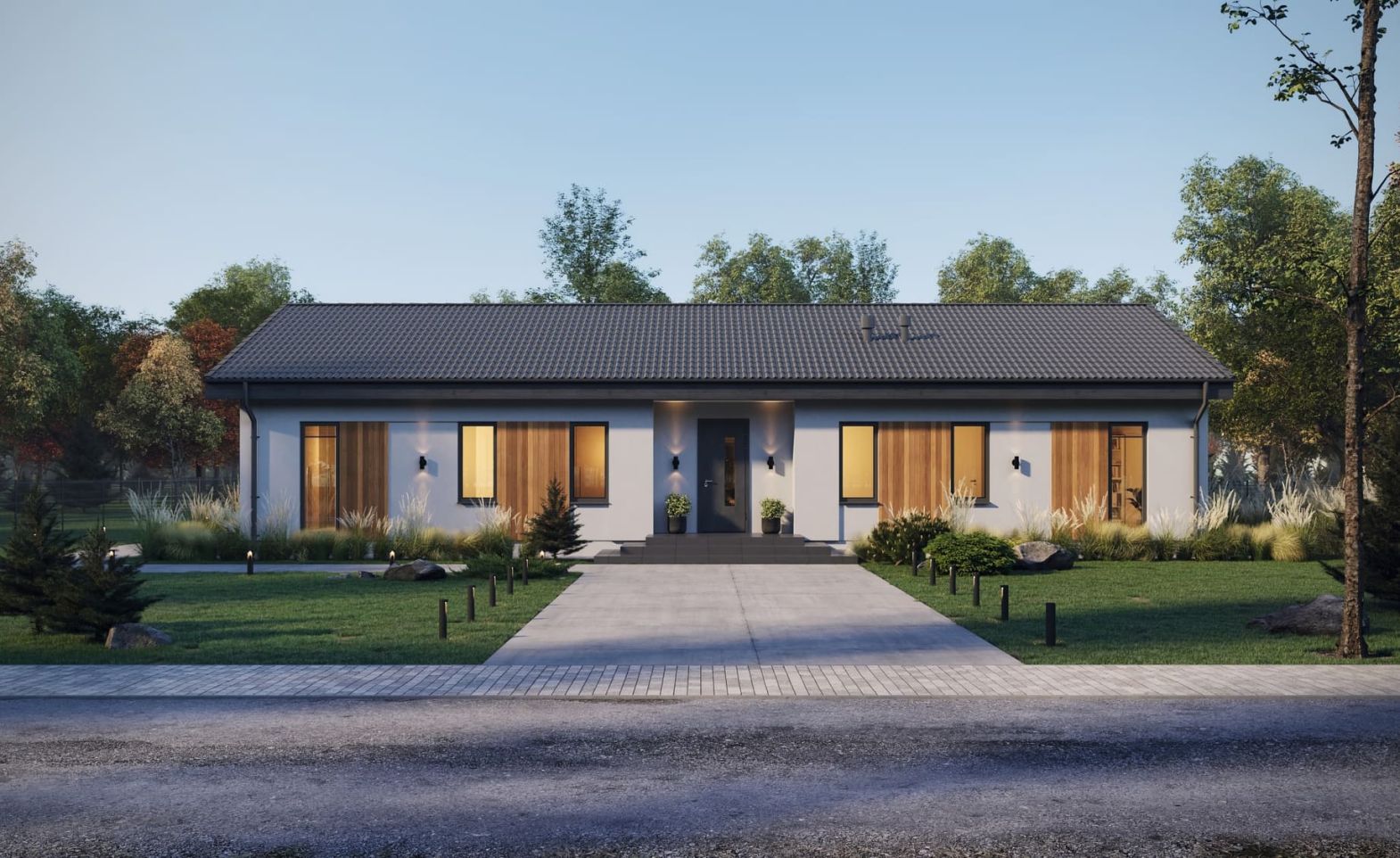 Широкий дом со скатной кровлей, в котором гостиная сердце дома 140 м²