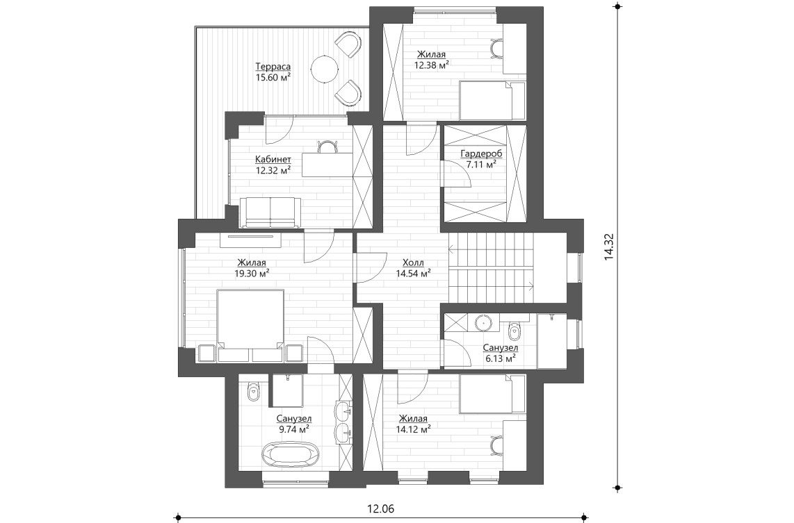 Планировочное решение 2-го этажа 180 м²