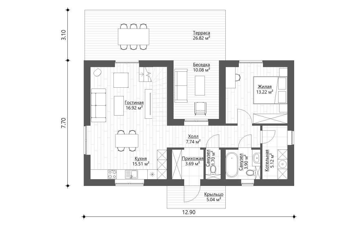 Планировочное решение 1-го этажа 120 м²