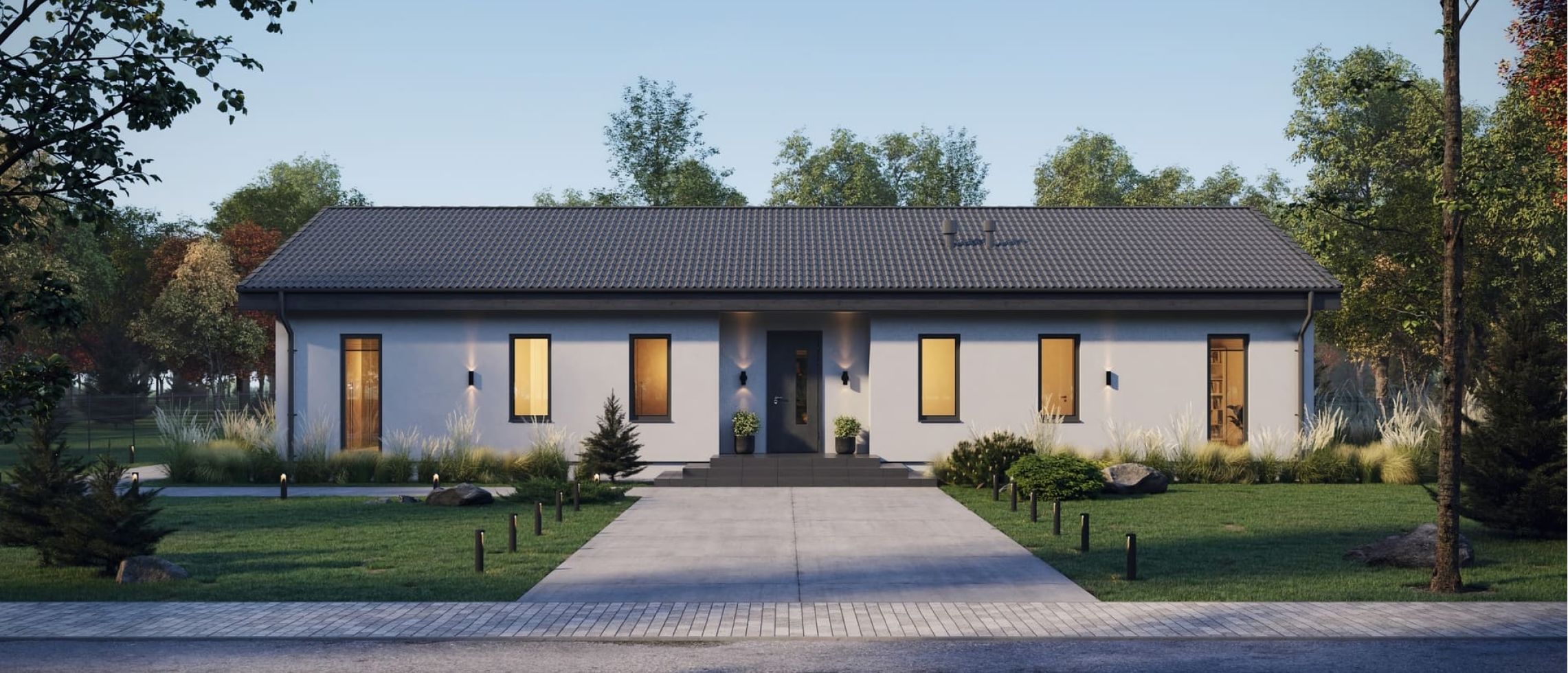 Широкий дом со скатной кровлей, в котором гостиная сердце дома 160 м²