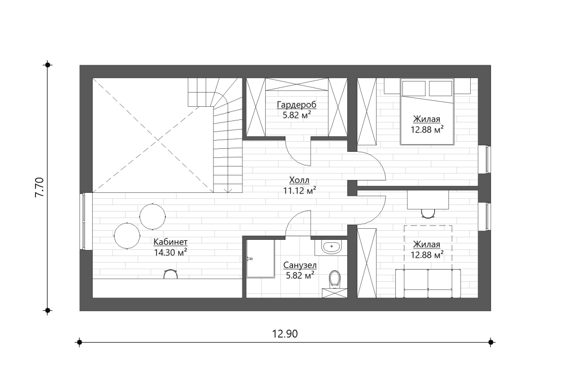 Планировочное решение 2-го этажа 142 м²