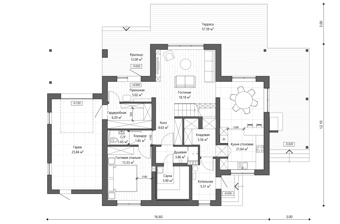 Планировочное решение первого этажа 220 м²