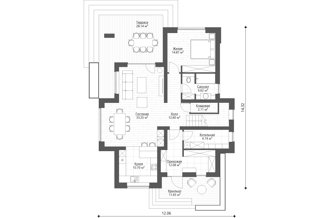 Планировочное решение 1-го этажа 180 м²