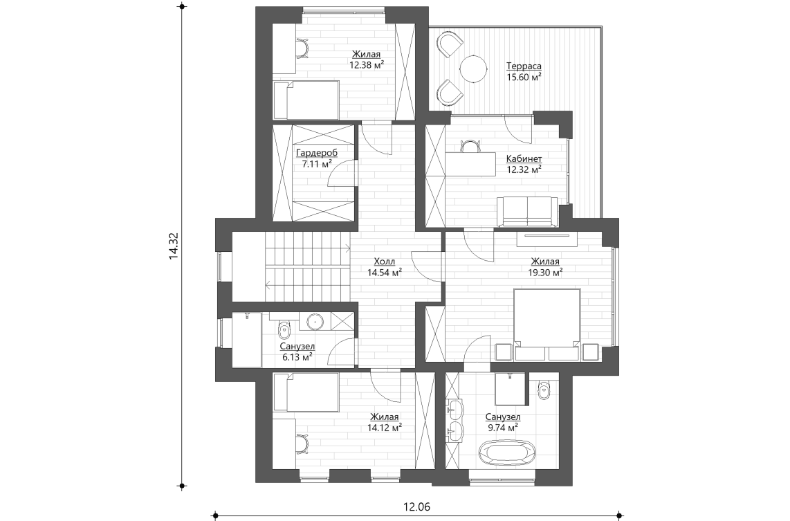 Планировочное решение 2-го этажа 180 м²